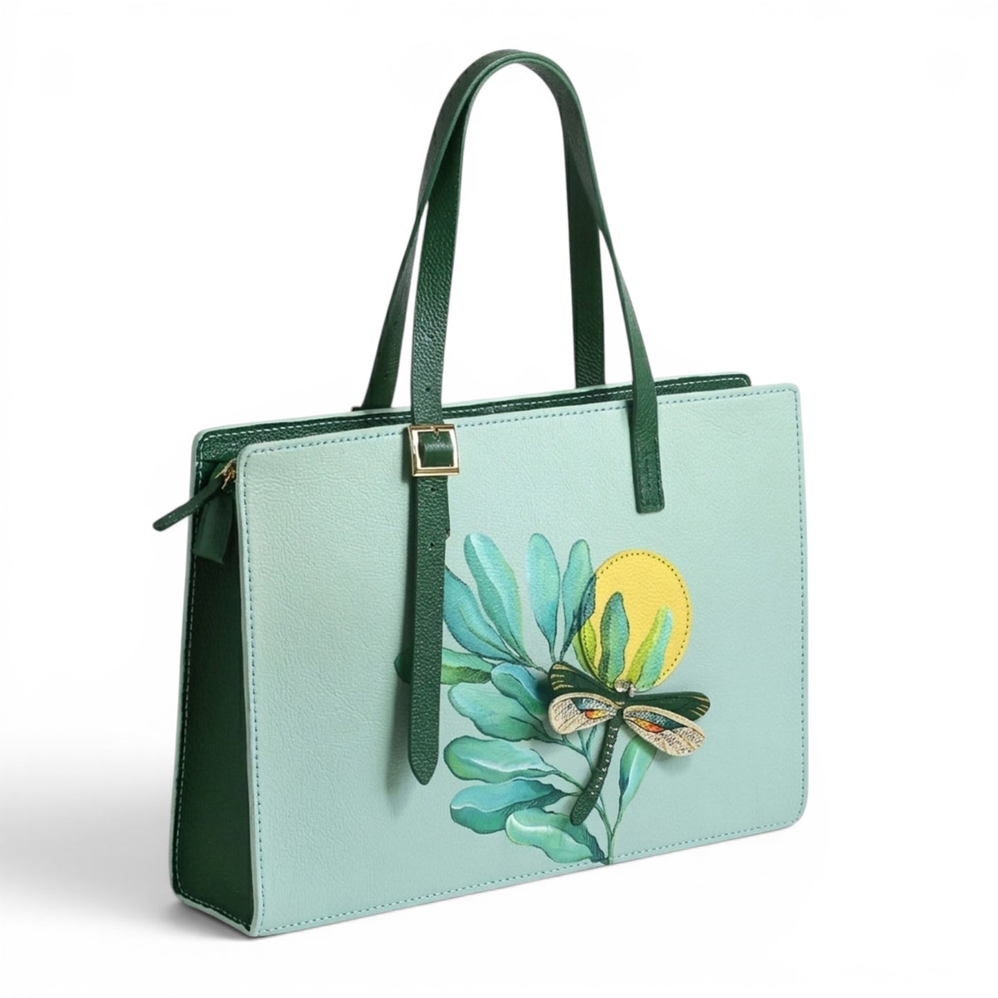 Light green leather handbag with floral design and 3D dragonfly 