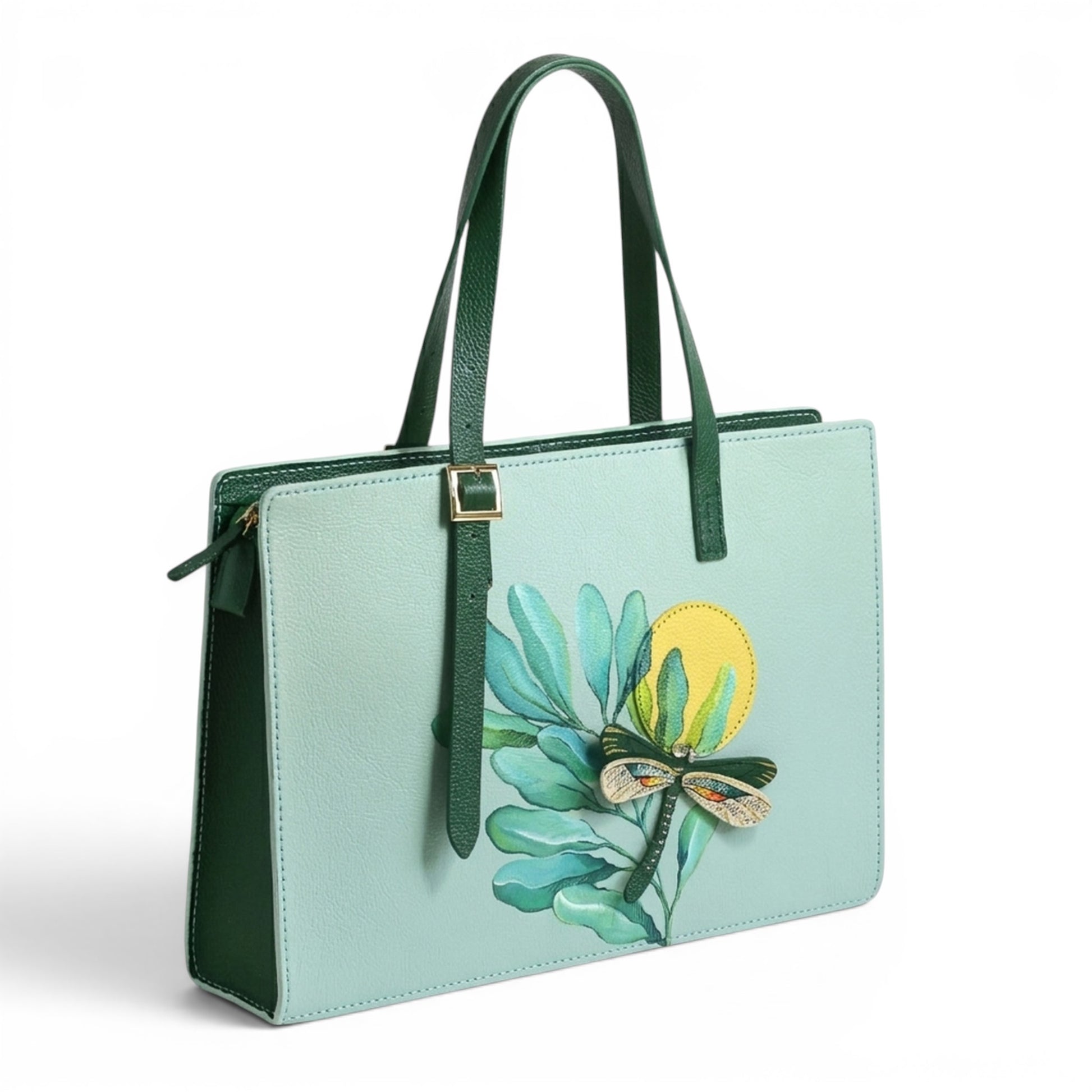 Light green leather handbag with floral design and 3D dragonfly 