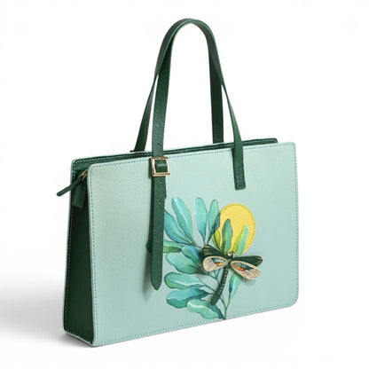 Light green leather handbag with floral design and 3D dragonfly 