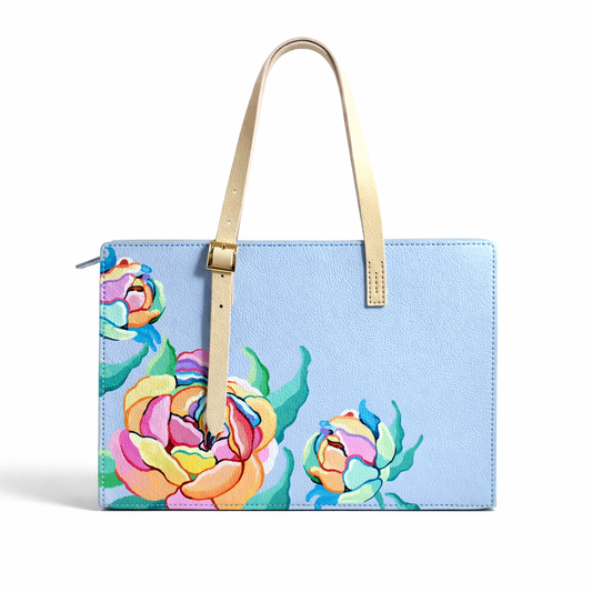 Light Blue leather Handbag with floral design