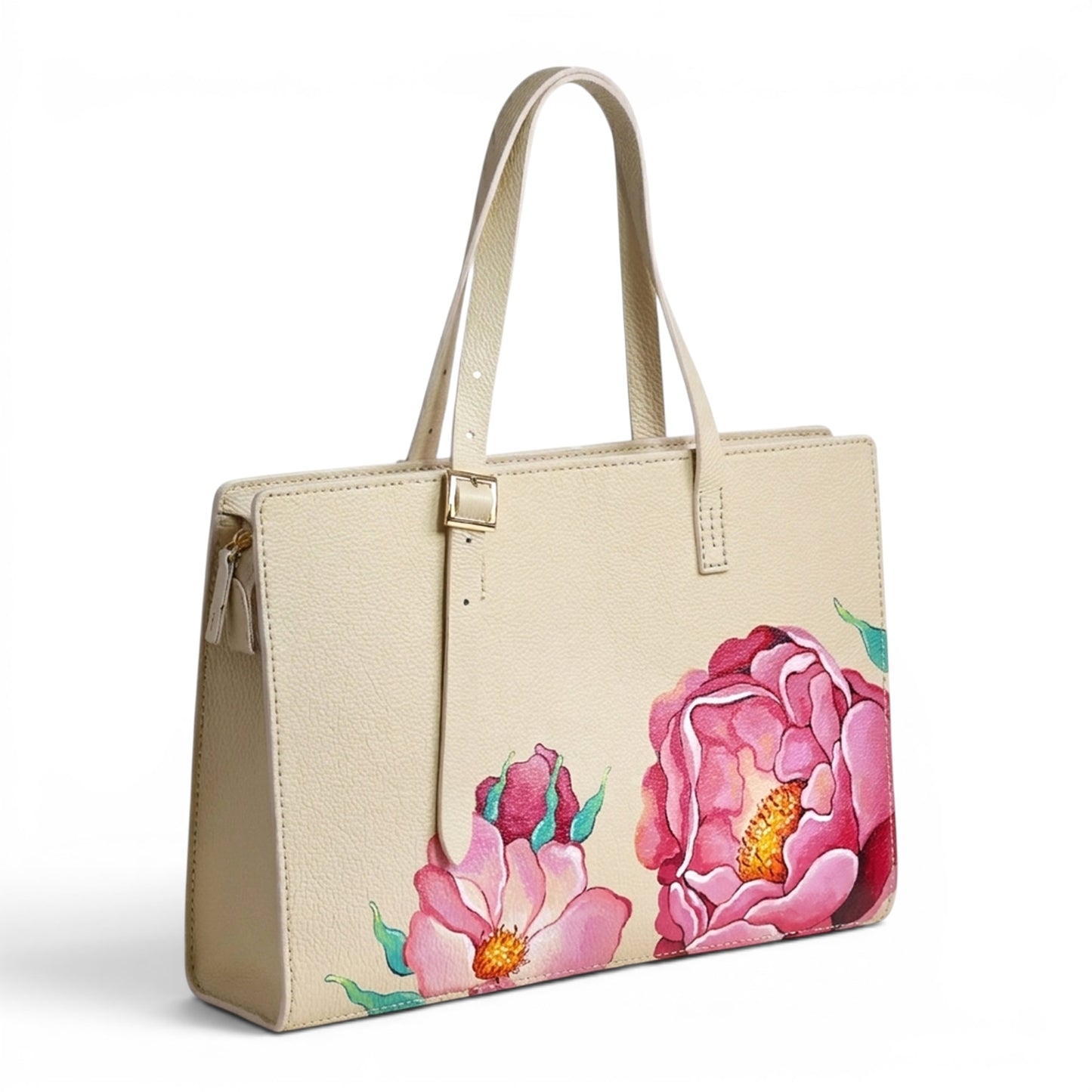 Cream leather handbag with pink floral design