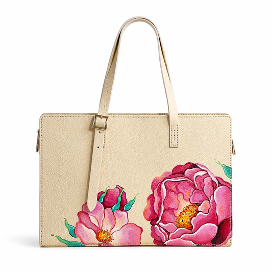 Cream leather handbag with pink floral design